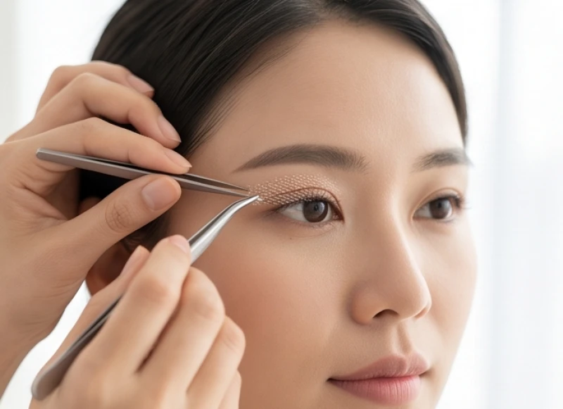 Quá trình sử dụng nhíp kẹp miếng dán mí tàng hình dạng lưới để tạo nếp gấp mắt hai mí