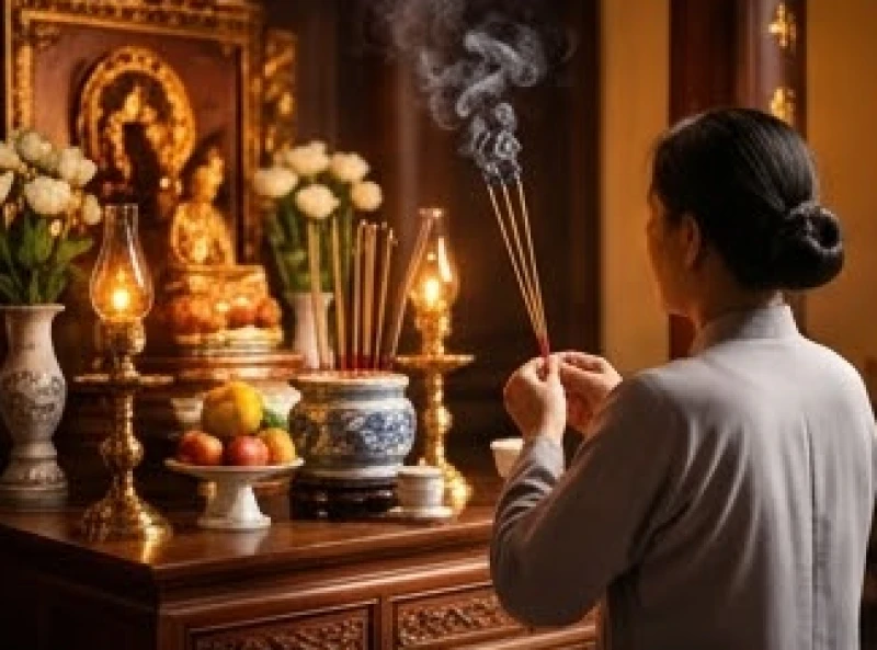 Người đi lễ thành tâm chắp tay dâng hương trước ban thờ chính Cô Bơ giữa làn khói trầm hương