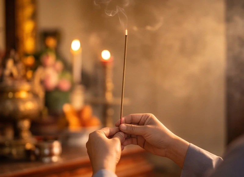 Người đi lễ chắp tay ngang ngực, mắt nhìn thẳng và cầm nén nhang thành kính trước ban thờ