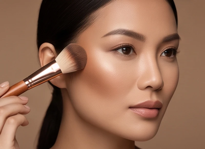 Thao tác tán phấn tạo khối tối màu ở rìa viền mặt để thu gọn chiều rộng xương gò má