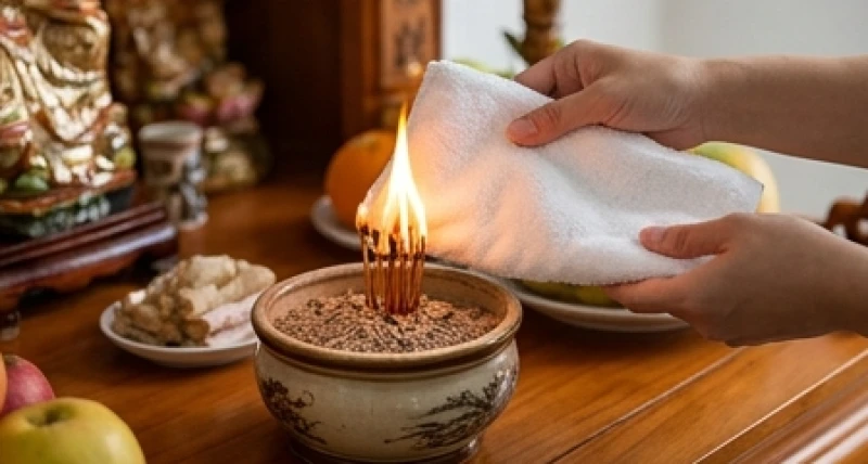 Bát hương Thần Tài bốc cháy là điềm gì: Cách xử lý & bài khấn 7 Thao tác dùng khăn bông sạch vắt hơi ẩm đậy nhẹ lên bề mặt bát nhang để dập tắt lượng oxy đang nuôi dưỡng đám cháy