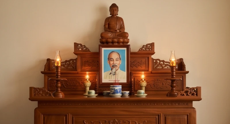 Văn khấn Bác Hồ tại nhà: Bài cúng và nghi lễ lập bàn thờ chuẩn 3 Bài trí di ảnh Bác Hồ ở vị trí trung tâm, thấp hơn tượng Phật và được giữ gìn sạch sẽ trên kệ thờ