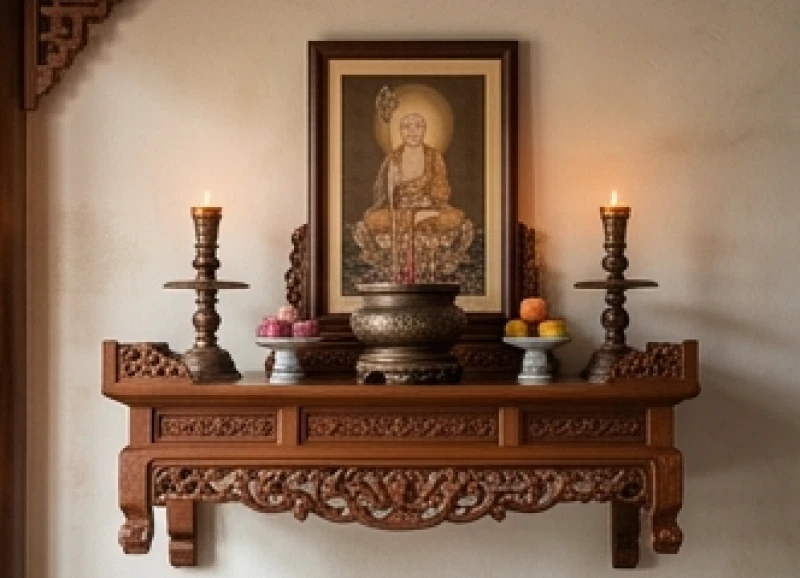 Không gian thờ cúng với bàn thờ Địa Tạng Vương Bồ Tát được đặt trang nghiêm ở vị trí cao nhất