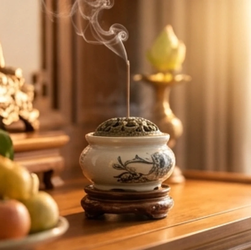 Cận cảnh bát hương bằng gốm sứ Bát Tràng đặt trang trọng ở trung tâm bàn thờ gia tiên cùng nhang đang cháy