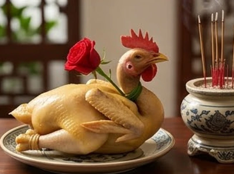 Văn khấn tất niên gia tiên: Bản Nôm chuẩn và trình tự nghi lễ 5 Đĩa gà trống luộc ngậm hoa hồng được đặt sao cho phần đầu hướng thẳng vào bát hương