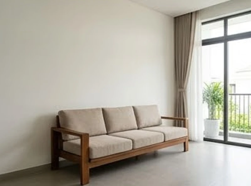 Bộ ghế sofa rộng rãi tựa lưng vững chắc vào bức tường phẳng trong phòng khách sáng sủa