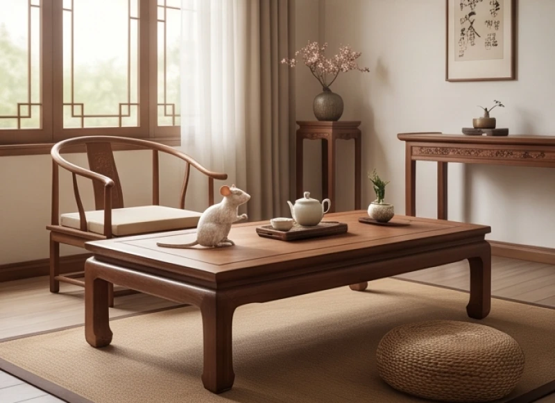 Tượng chuột phong thủy đặt trên bàn trà phòng khách với hướng quay vào trong nhà