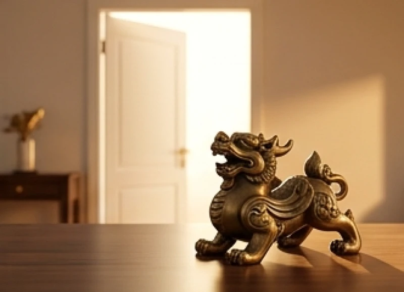 Tượng Tỳ Hưu bằng đồng nguyên khối được đặt cẩn thận trên bàn với miệng hướng thẳng ra phía cửa chính