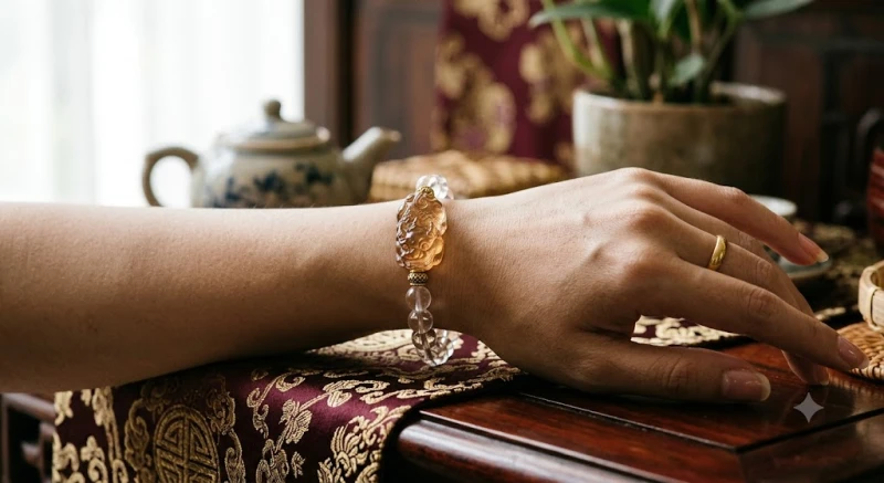 Cổ tay trái của một người đang đeo vòng Tỳ Hưu thạch anh với phần đầu linh vật hướng ra phía ngón tay