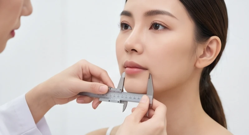 Hạ đình trên khuôn mặt: Cách đo tỷ lệ chuẩn và luận hậu vận 3 Bác sĩ thẩm mỹ đang dùng thước chuyên dụng để đo khoảng cách từ gốc mũi đến chóp cằm của khách hàng