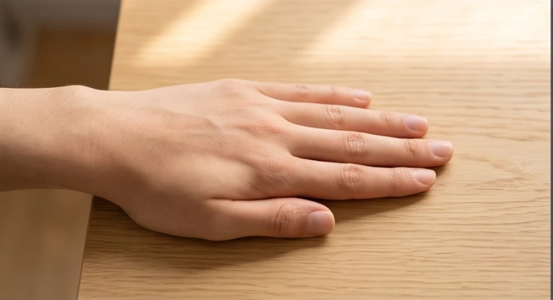 Bàn tay duỗi thẳng thả lỏng để so sánh đỉnh ngón út với mép ngang đốt trên cùng ngón áp út