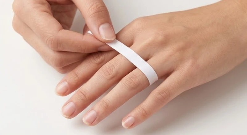 Nhẫn phong thủy tuổi Thìn: Chọn tay đeo & cách đo size chuẩn 13 Thao tác quấn dải giấy quanh đốt ngón tay và dùng thước kẻ để xác định chu vi