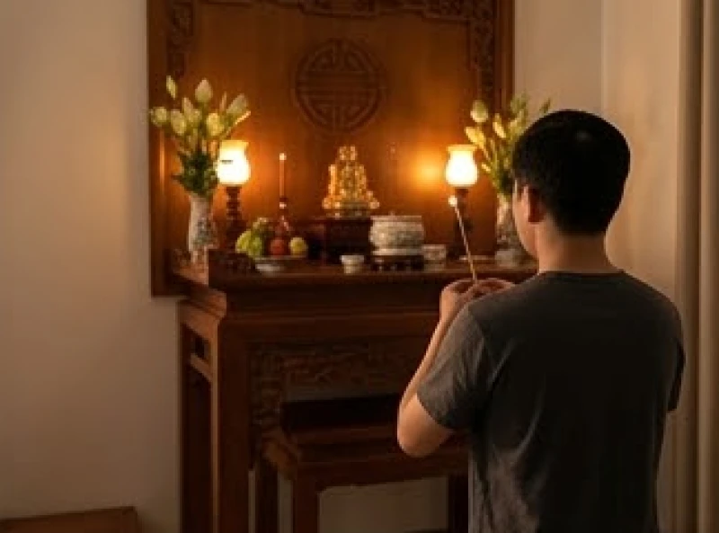 Hướng bàn thờ hợp tuổi Dậu: Bảng tra cứu Nam Nữ & cách hóa giải 2 Người đàn ông đứng thắp hương quay lưng về án gian để xác định hướng bàn thờ