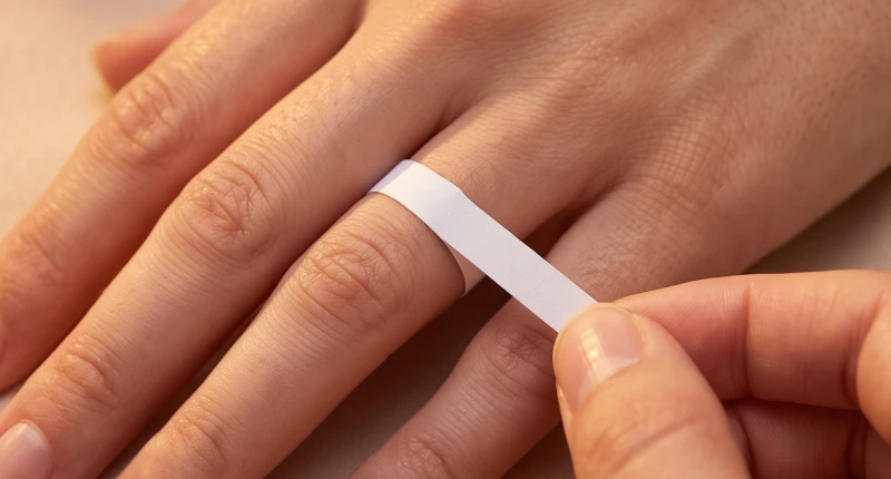 Đo chu vi ngón tay bằng một dải giấy trắng mềm và thước kẻ chia vạch milimet
