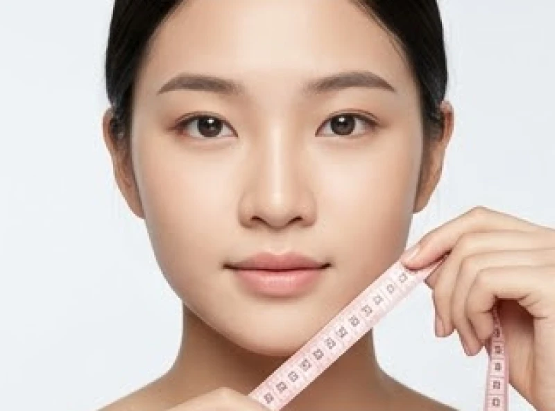 Phụ nữ dùng thước dây mềm đo khoảng cách từ mũi đến chóp cằm để kiểm tra tỷ lệ