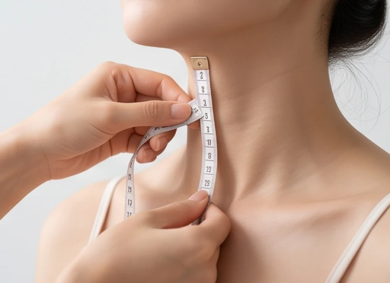 Thao tác sử dụng thước dây mềm để đo chiều dài cổ từ yết hầu xuống hõm ức
