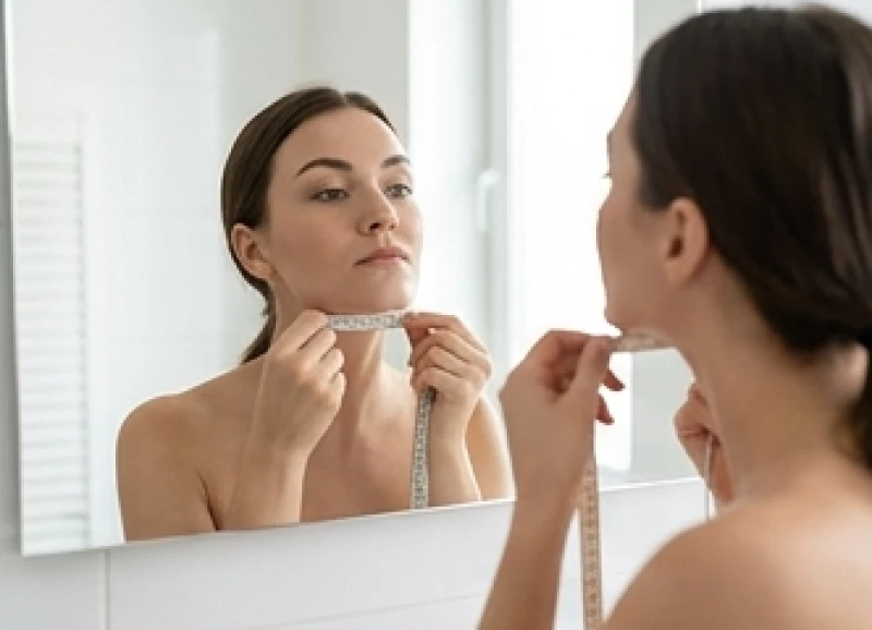 Sử dụng thước dây đo khoảng cách giữa hai gò má và xương hàm dưới để xác định tỷ lệ khuôn mặt.