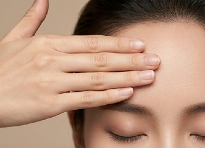 Bàn tay đặt bốn ngón tay chụm lại lên vùng trán để đo khoảng cách và xác định tướng trán dô chuẩn xác