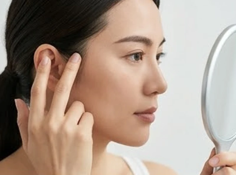 Người phụ nữ tự soi gương và dùng tay đo chiều dài của hình dáng tai so với các điểm mốc trên khuôn mặt