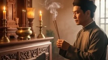 Người chủ lễ chắp tay thành kính trước bàn thờ gia tiên khi thực hiện cách đọc tên húy trong văn khấn trang nghiêm