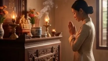 Người chủ lễ mặc áo dài truyền thống chắp tay thực hành cách đọc văn khấn đúng trước ban thờ gia tiên
