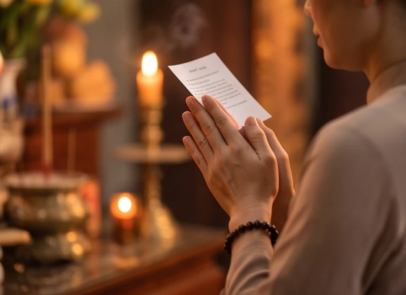 Người hành hương chắp tay thành kính đọc bài văn khấn Tam Tòa Thánh Mẫu