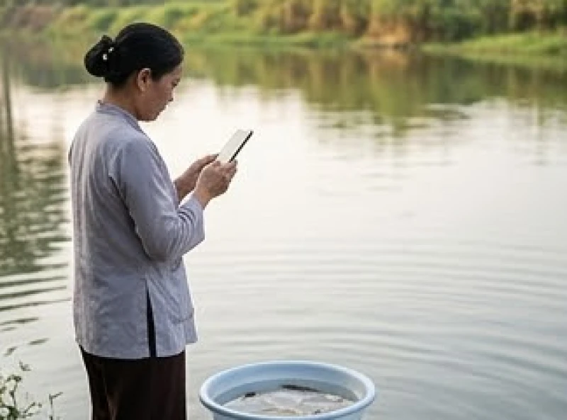 Người Phật tử cầm điện thoại bằng hai tay ngang ngực trang nghiêm đọc bài khấn bên cạnh bờ sông