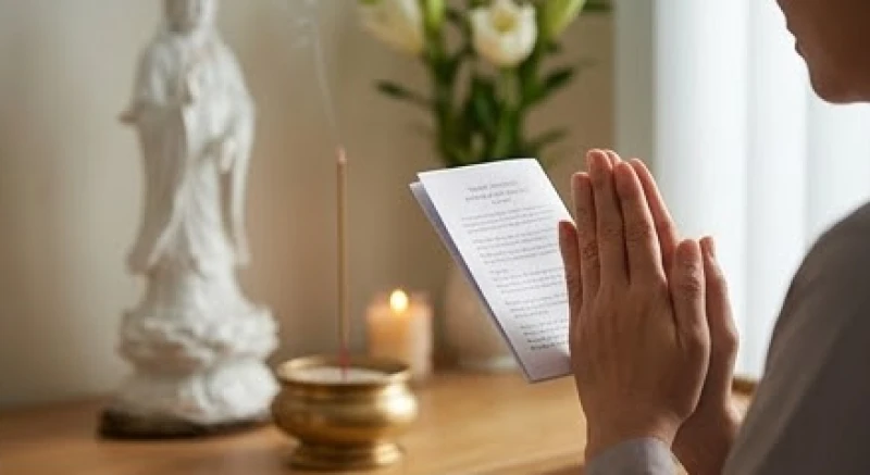 Gia chủ thành kính đọc bài văn khấn Quan Thế Âm Bồ Tát trước không gian thờ cúng thanh tịnh