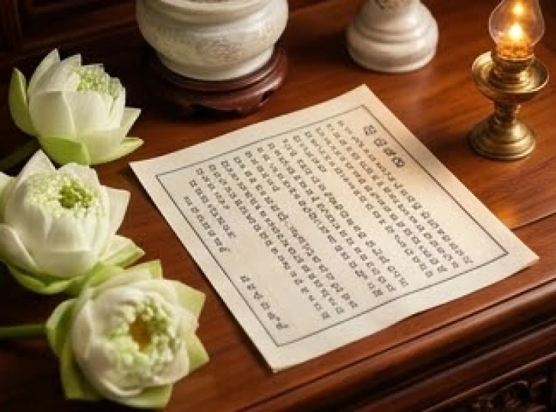 Bản văn khấn xin lộc buôn bán được đặt trang trọng bên cạnh đĩa hoa quả sắc trắng trên ban thờ