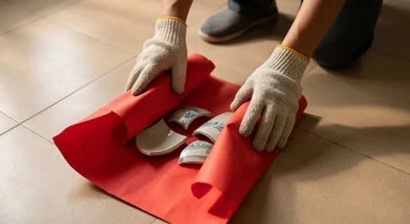 Đôi bàn tay đeo găng cẩn thận nhặt các mảnh vỡ lọ hoa gốm và bọc kín vào một tấm giấy màu đỏ