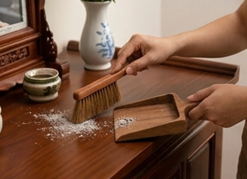 Người dùng chổi nhỏ chuyên dụng cẩn thận quét gom phần tro nếp đổ vương vãi trên bàn thờ