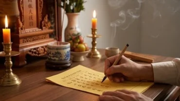 Người thành tâm thực hiện cách ghi tên người khấn trên lá sớ truyền thống tại ban thờ gia tiên