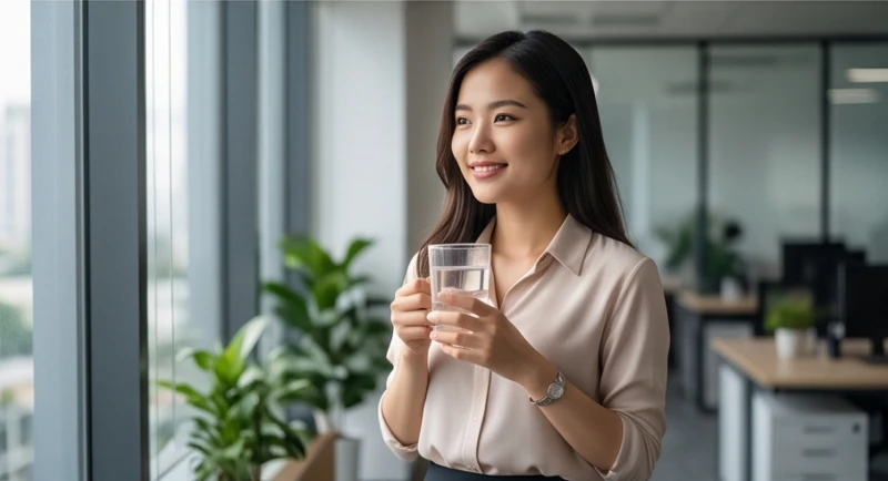 Nhân viên công sở uống một ly nước ấm và mỉm cười thư giãn trước khi bắt đầu ngày làm việc mới