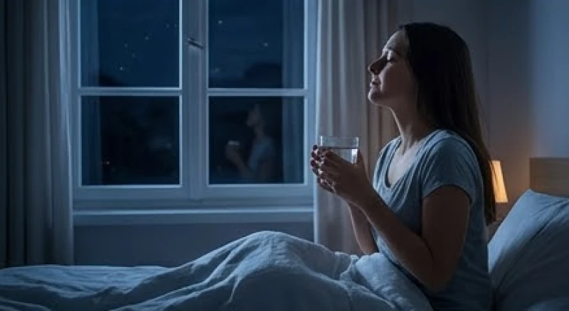 Người phụ nữ đang ngồi uống ly nước ấm và hít thở sâu để tịnh tâm bên cạnh cửa sổ phòng ngủ