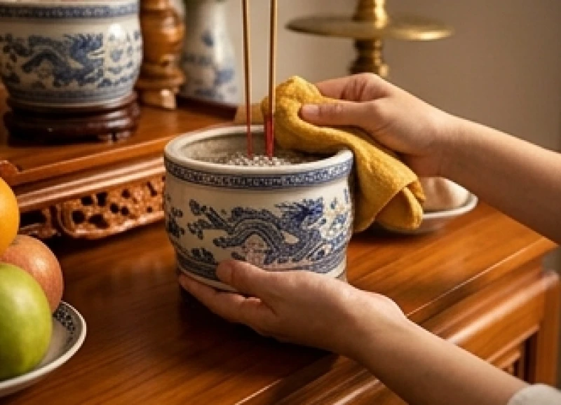 Văn khấn bao sái bát hương cuối năm: Bài bản và đúng nghi thức 8 Bàn tay trái áp chặt giữ thân bát hương cố định, trong khi tay phải dùng khăn sạch lau vành miệng gốm sứ