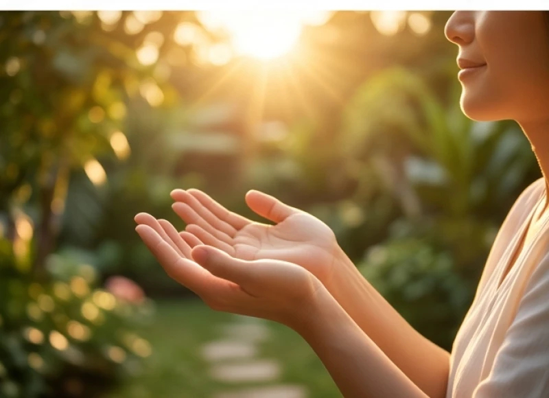 Người phụ nữ mở lòng bàn tay đón nhận ánh sáng mặt trời rực rỡ với nụ cười đầy lạc quan và hy vọng