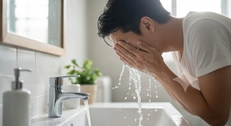 Người đàn ông đang rửa mặt bằng nước lạnh để xoa dịu hệ thần kinh sau khi tỉnh giấc từ cơn ác mộng