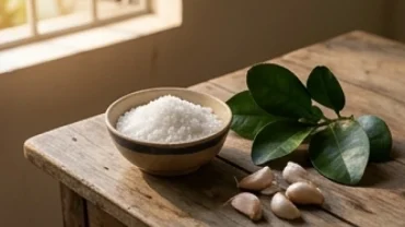 Bát muối hột và lá bưởi tươi đặt trên bàn gỗ rọi nắng là cách hóa giải điềm xấu và thanh tẩy không gian