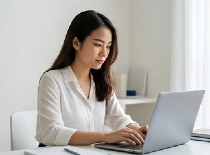 Nữ sinh làm việc độc lập trên máy tính xách tay với vẻ mặt điềm tĩnh và duy trì sự chuyên nghiệp