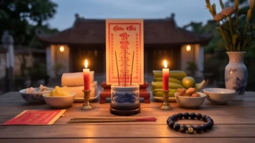 Gia chủ chuẩn bị mâm cúng và vật phẩm phong thủy trong cách hóa giải vận hạn cho tuổi thân