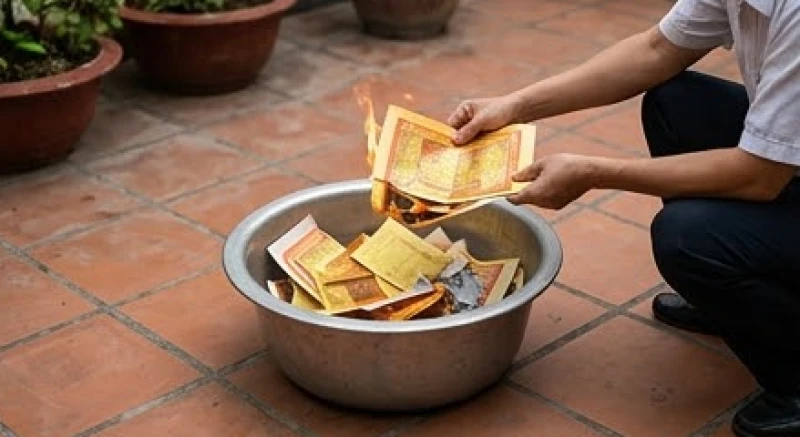 Văn khấn ngoài trời mùng 1: Trình tự cúng, mâm lễ & giờ tốt 7 Gia chủ đang cẩn thận đốt tiền vàng mã trong chậu kim loại chuyên dụng sau khi hoàn tất nghi lễ cúng bái
