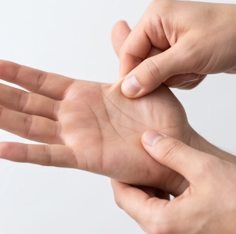 Thao tác dùng hai ngón tay kéo căng nhẹ vùng da lòng bàn tay để kiểm tra độ sâu của chỉ tay tạo hình ngôi sao