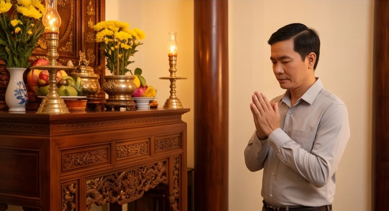 Người đàn ông chắp tay trang nghiêm trước ban thờ gia tiên, tập trung đọc bài văn khấn với tâm thế tĩnh lặng và thành kính