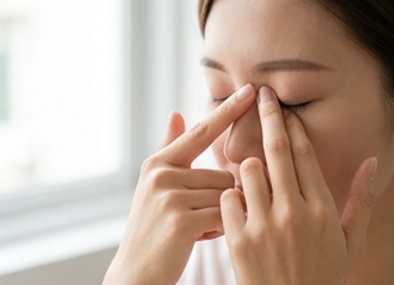 Dùng ngón trỏ ấn nhẹ lên bầu mắt trái đang nhắm hờ để kiểm tra mức độ ê buốt của nhãn cầu