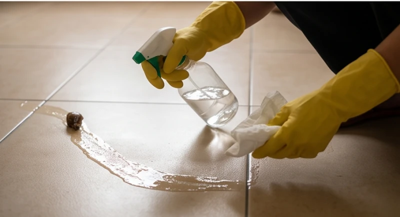Đeo găng tay cao su và sử dụng dung dịch giấm để lau sạch vết nhớt ốc sên