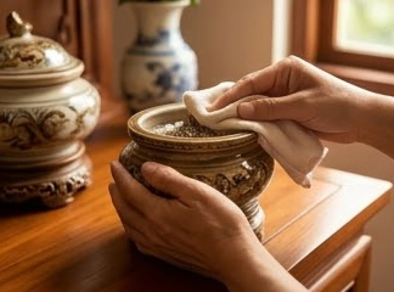 Một tay giữ chặt bát hương trong khi tay còn lại dùng khăn ẩm lau cẩn thận bề mặt gốm