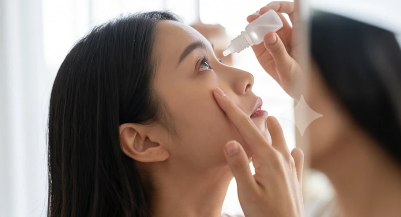 Ngửa đầu ra sau và dùng tay kéo nhẹ mi dưới để nhỏ cẩn thận dung dịch nước mắt nhân tạo vào rãnh mắt