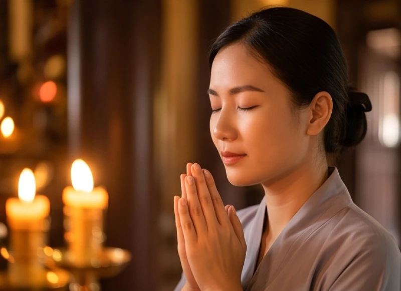 Nữ Phật tử nhắm mắt tĩnh tâm nhẩm đọc bài khấn nôm theo từng đoạn thay vì phải phụ thuộc vào màn hình điện thoại