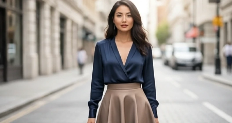 Trang phục áo cổ chữ V kết hợp chân váy chữ A xòe giúp nữ giới vai rộng cân bằng tỷ lệ vóc dáng