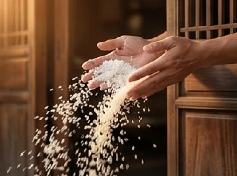 Bàn tay đang rắc hỗn hợp muối hạt và gạo nếp qua bậc thềm cửa chính để xua đuổi tà khí